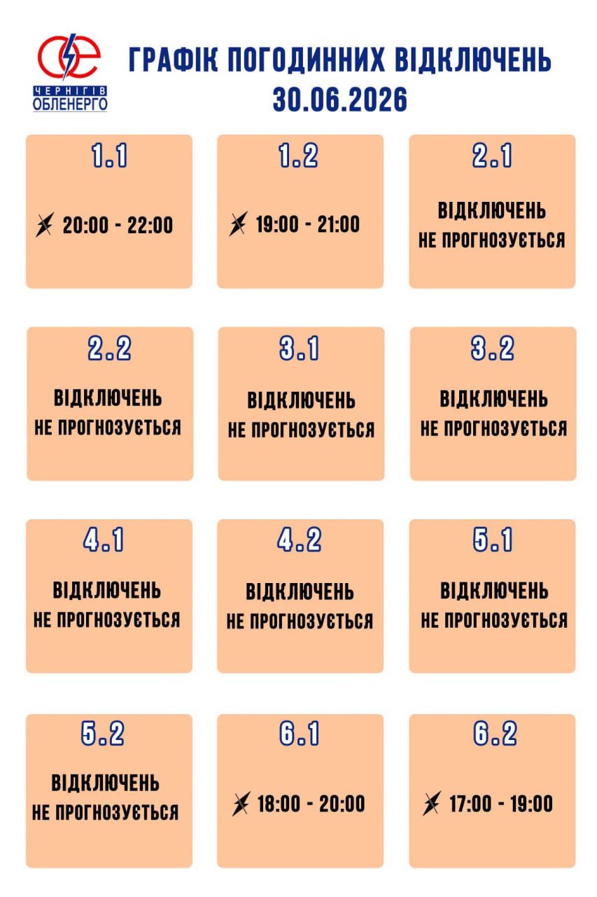 Зміни у графіку відключень електроенергії на 30 червня